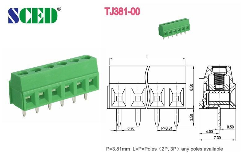 Pitch 3.5mm 3.81mm PCB Screw Terminal Block Brass Terminal Green Rail Transportation