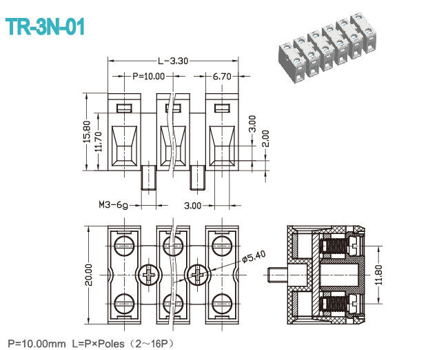 2-16 Poles 600V Feed Through Terminal Block 20A Brass Clamp Cage