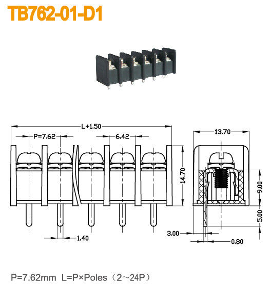 PBT Barrier Terminal Block 7.62mm Pitch 15A 2-24 Poles Brass PCB Terminal Connector