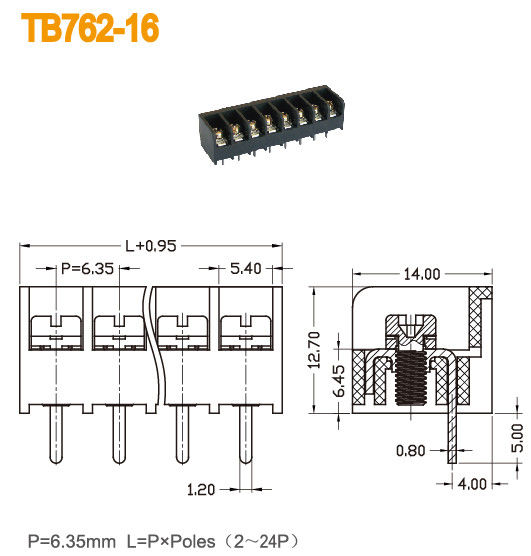 PBT Barrier Terminal Block 6.35mm Pitch 300V 15A Brass UL94 V0