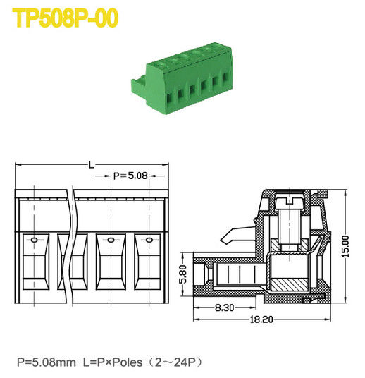 Pitch 5.08mm Electrical Terminal Blocks M3 Screw 300V / 18A Female Parts
