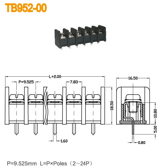 UL94-V0 Brass Black PCB Terminal Blocks 20A / 300V M4 Screw 9.525mm Pitch