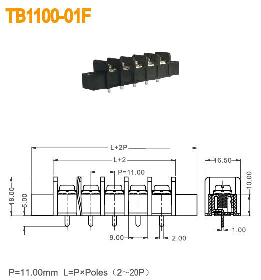 25A Brass Electrical Terminal Block 300V With Flange PBT 11mm Pitch Black