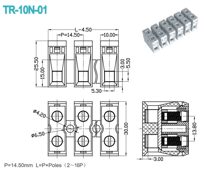 2-16 Poles Pitch 14.5mm Terminal Connector Block 600V 65A PA66