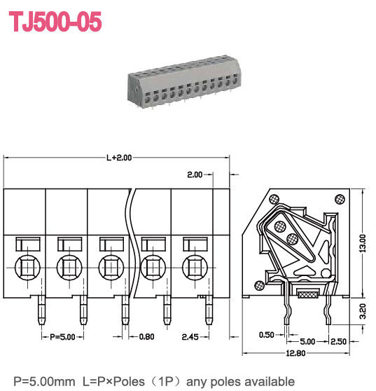 Pitch 5.0mm Spring Screwless Terminal Block 300V 10A 2-24 Poles 16-26 AWG