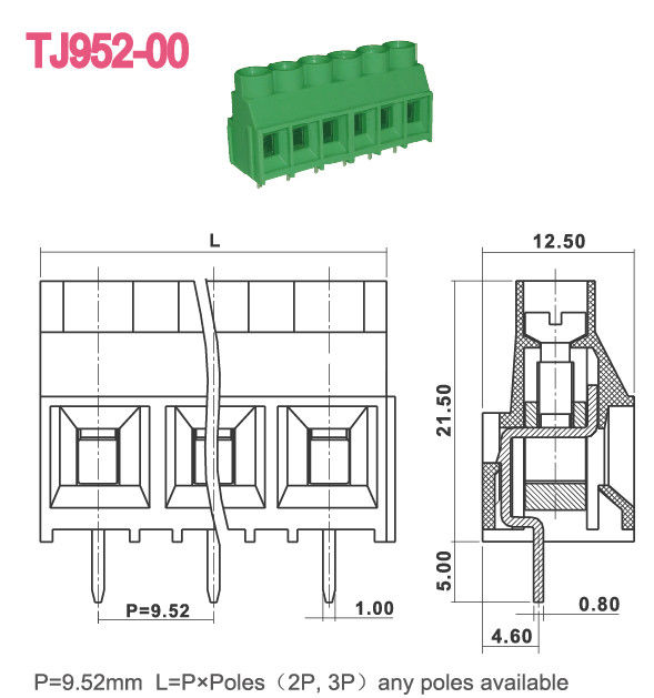 9.52mm PCB Screw Terminal Block 300V 30A 2-16 Poles Green Color M3