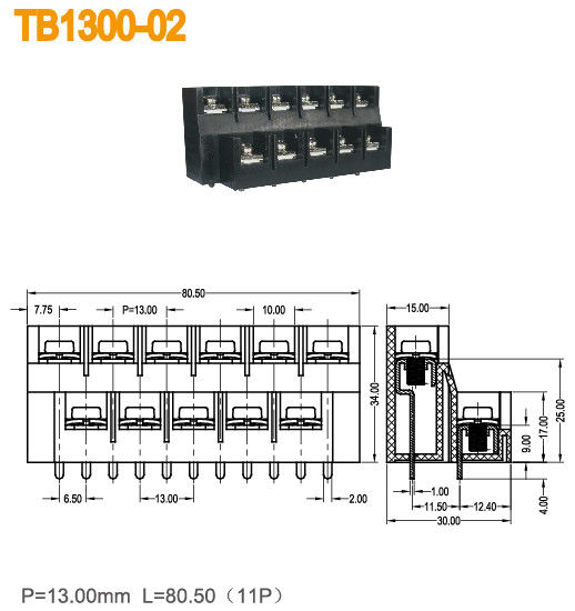 2 Rows Barrier Terminal Block American Type 600V/40A 11 Poles 13mm Pitch Brass