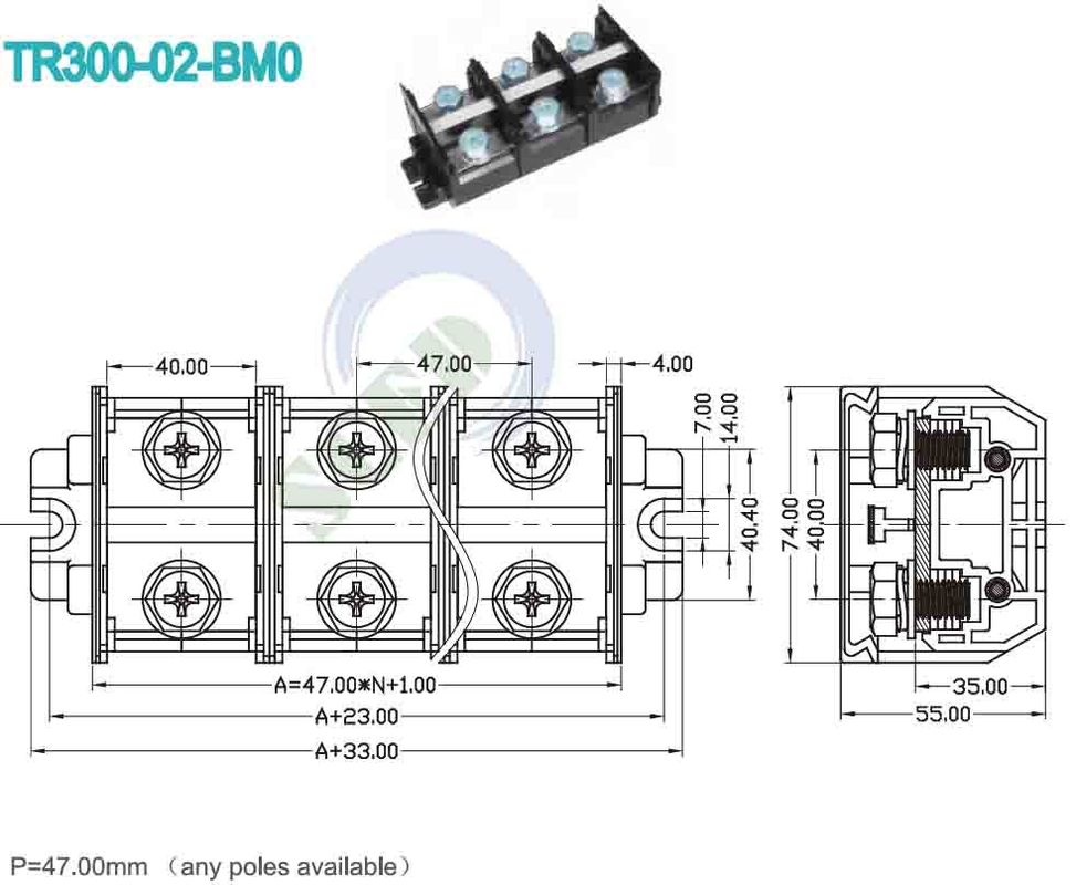 300A Rail Termianl Block 47.0mm 600V Black PC Material Screw Mount Connector