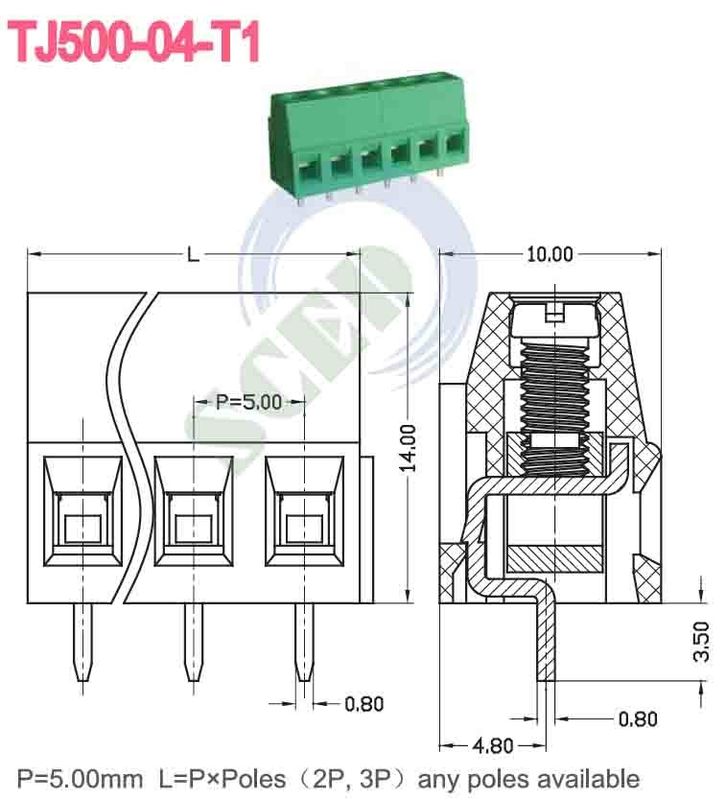 300V 10A M3 Screw 12-26 AWG Terminal Block Connector PA66 Insulation Material Green 5.08mm Spacing
