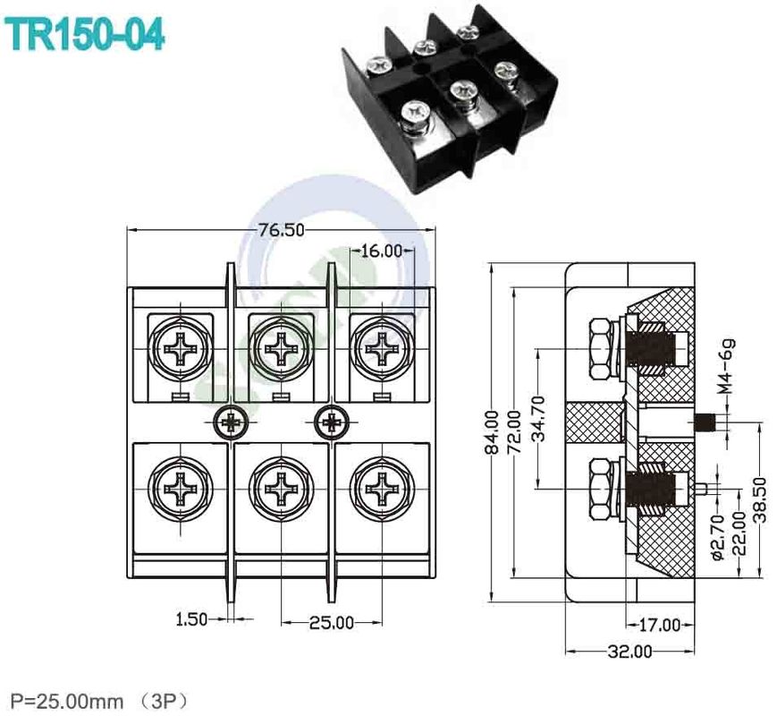 High Current Terminal connector Pitch 25.00mm 600V 150A PA66 3P M8