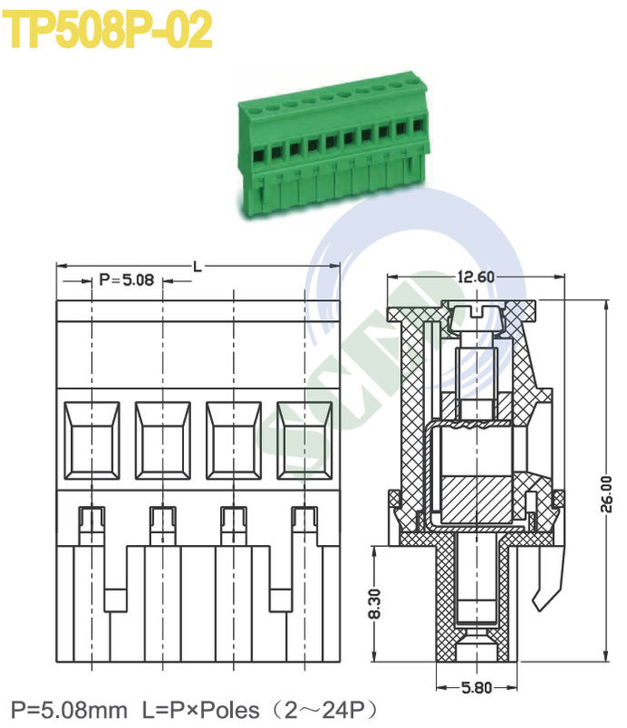 Female Pluggable Terminal Block Connector 5.08mm Pitch 300V 18A 2-24 Poles PA66 M3 Screw
