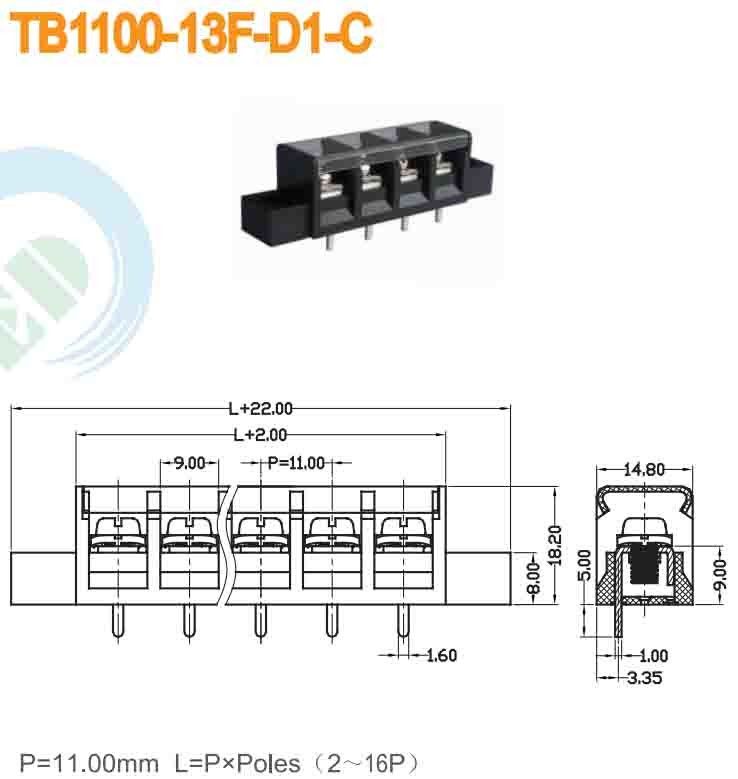 Barrier Terminal Block M4 Screw 11.00mm 300V 30A 2-16P Power Terminal Block