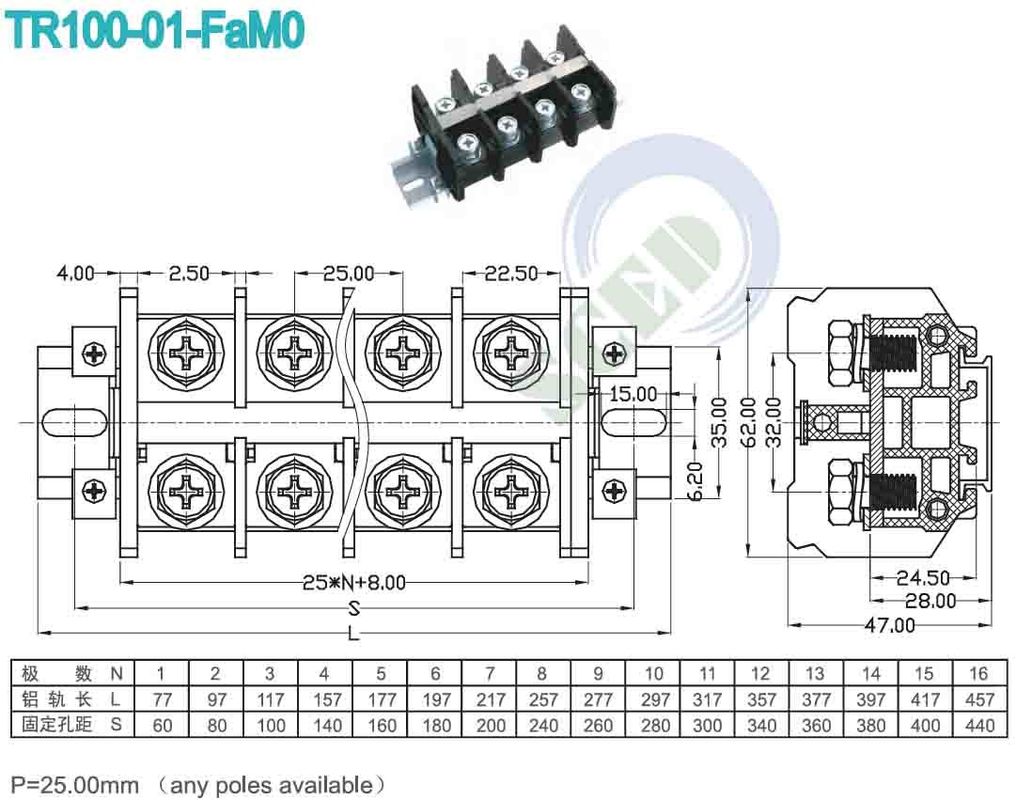 600V 101A Black 2-20AWG PCB High Current Terminal Block For Server Site