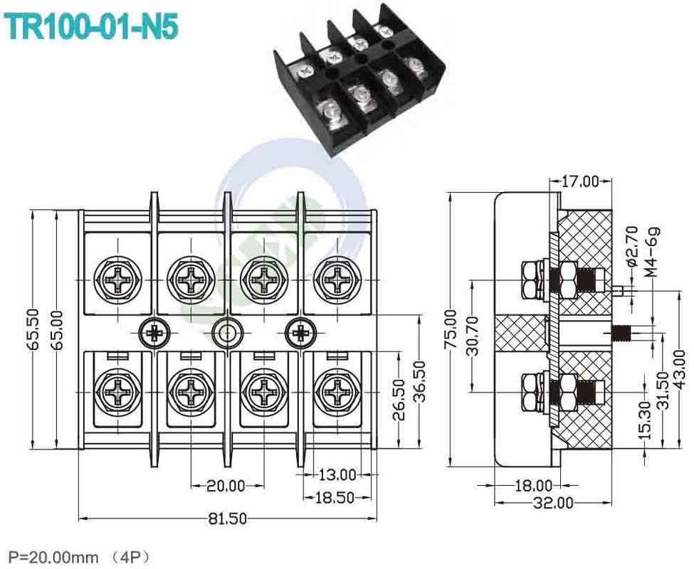 600V Rated Voltage High Current Terminal Block with DIN Rail Mounting and M6 Screw