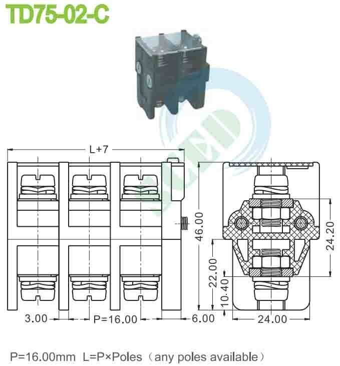 12.2mm Terminal Width Feed Through Terminal Block with Right Angle Wire Inlet and Brass Clamp Cage