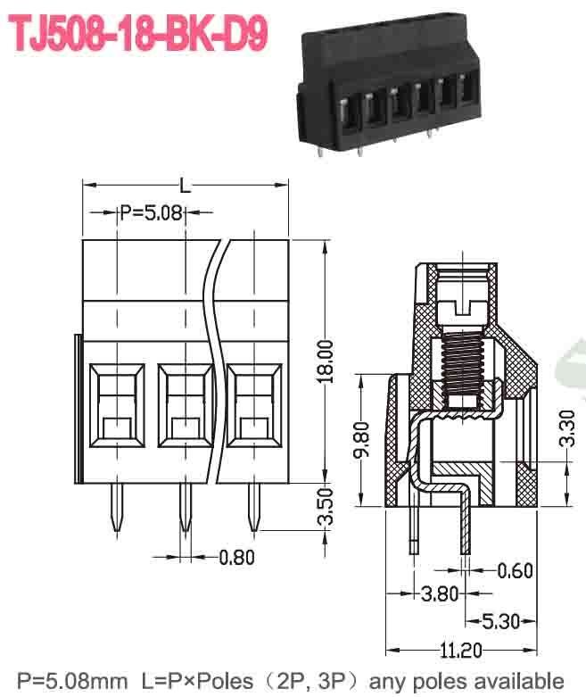 Tin Plated PCB Terminal Block with 2P-16P Contacts for Through Hole Mounting in Electronic Assemblies